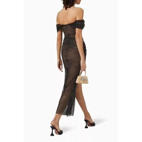 SELF-PORTRAIT Embellished Mesh Off-shoulder Black Dress Gown Cocktail Sz 0 - Picture 11 of 16